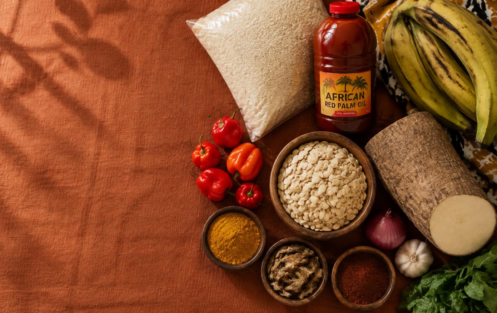 African and Caribbean groceries: rice, palm oil, scotch bonnets, plantain and yam
